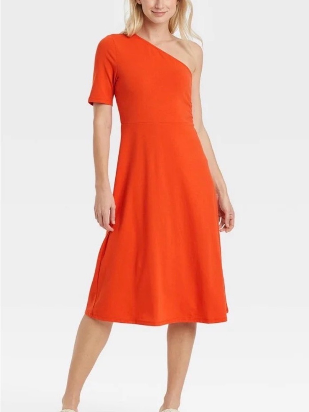 Who What Wear One-Shoulder Orange Midi Dress